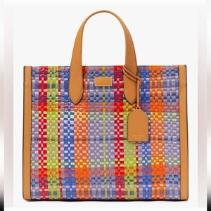 Kate Spade Manhattan Madras Plaid Woven Straw Large Tote, Caramel Multi